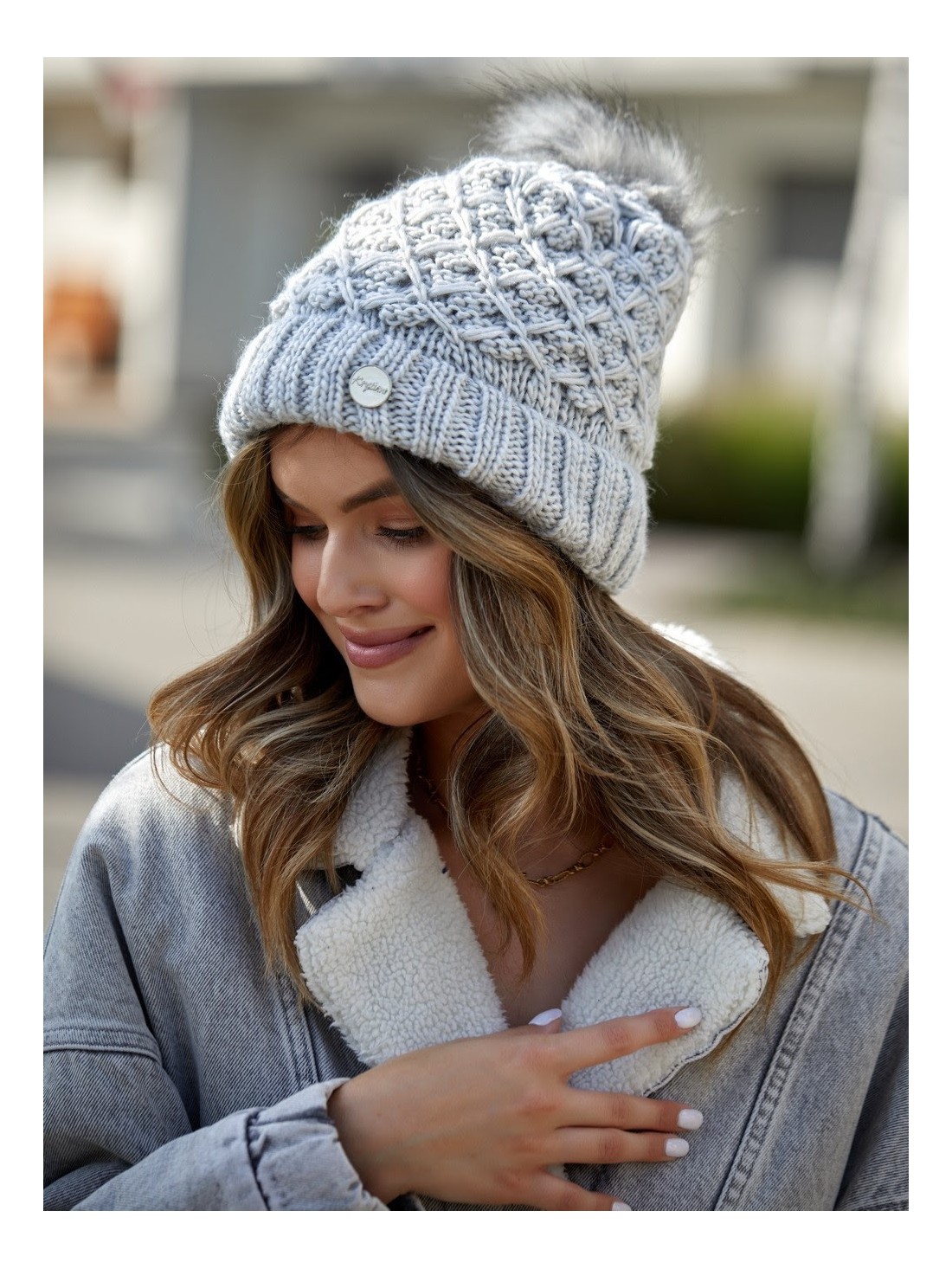 Warm winter hat with a pompom, light gray C37 - Online store - Boutique